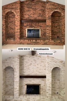 before and after pictures of a brick fireplace