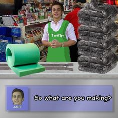 a woman in an apron standing behind a counter with stacks of blankets on it and the caption so what are you making?