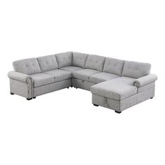 a gray sectional couch with two recliners on the back and one end facing each other