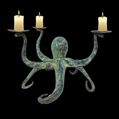 an octopus is holding two candles in its tentacles and it's arms are stretched out