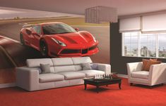 a living room filled with furniture and a red sports car mural