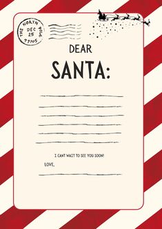 a red and white striped background with a santa letter on the bottom right hand corner