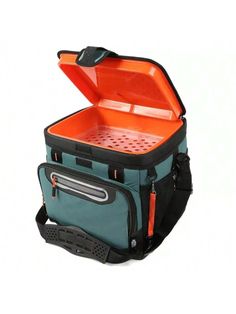 an orange and blue cooler bag with the lid open