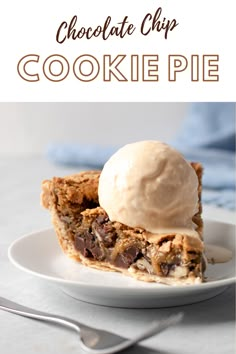 a slice of chocolate chip cookie pie on a white plate with a scoop of ice cream