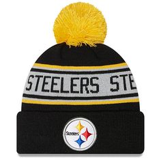 a black and yellow beanie with the pittsburgh steeles logo on it's side