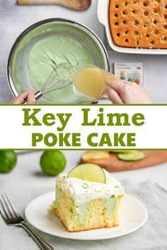 key lime poke cake on a white plate with the title overlay that says key lime poke cake