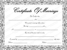 certificate of marriage with ornate frame and border in black and white colors on a white background