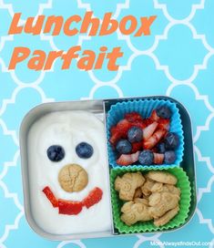 lunchbox parfait with strawberries and blueberries in the shape of a face