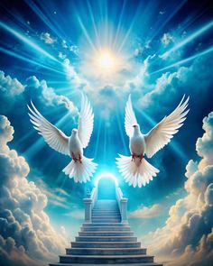 two white doves flying towards the light at the top of steps leading to heaven