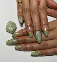 GelX Marble Jade Almond Nails with Gold Details in 2022 Gold nails, Green nails, Almond nails Sage And Gold Nails, Emerald Marble Nails, Bruja Nails, Sage Green And Gold Nails, Almond Nails With Gold, Nails With Gold Details, Green Nails Almond, Green Marble Nails, Fresh Nails