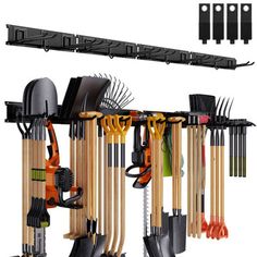 a wall mounted garden tool rack holding gardening tools