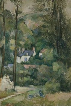 an image of a painting of houses in the woods