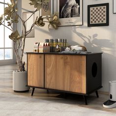 a wooden cabinet sitting in front of a window next to a potted plant and pictures on the wall