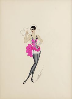 Erté (Romain de Tirtoff) 1892-1990 | Russian-French Yes Sir Signed “Erté” (lower right) Inscribed "N° 18366" (en verso) Gouache on paper Cheekily titled Yes Sir, this colorful gouache embodies the Art Deco glamour and risqué intrigue for which the Erté’s designs are so beloved. A costume design for famed French ballet dancer, actress and singer Zizi Jeanmaire, this striking pink ensemble showcases Erté’s sartorial genius, exuding the opulence and drama that only Erté, the oft-called “Father of A Erte Costume Design, Erte Illustration, Art Deco Vogue, Short Cropped Hair, Art Deco Glamour, Romain De Tirtoff, Moving To Paris, Art Consultant, Theatre Costumes