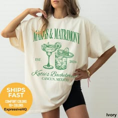 a woman wearing a t - shirt that says margaritas & matrimony