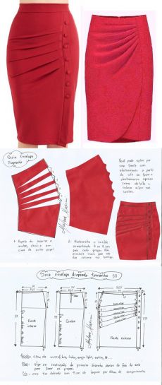 an image of a red skirt with cut outs on the bottom and side, as well as instructions for how to sew it