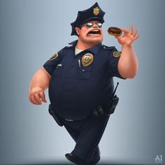 a cartoon police officer eating a donut with his hands and mouth wide open to the side