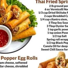 an advertisement for fried spring rolls with dipping sauce on the side and other food items