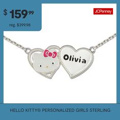 Listen for a meow of delight when your child slips on this personalized Hello Kitty necklace. Showcasing two connected hearts of sterling silver and enamel, one features a selfie of the adorable feline in a pink bow, while the other features your child's name.Material: Pink and white enamelLength: 18" cable chain with 2" extenderDimensions: .59"Features: PersonalizedJewelry Closure: Spring Ring ClaspLink Construction: SemisolidMetal Color: WhiteChain Construction: RoloCare: Wipe CleanMetal: Ste… Hello Kitty Necklace, Kitty Necklace, Connected Hearts, Necklace White, Cat Necklace, Two Hearts, Pink Bow, Cable Chain, Spring Rings