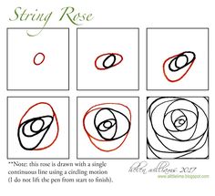 the steps to draw a spiral rose in four different ways, including one with red and black