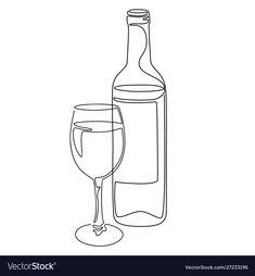 a bottle and glass of wine on a white background with a line art style design