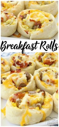 breakfast rolls on a plate with cheese and bacon