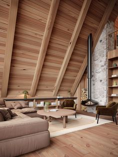 a living room filled with furniture and a fire place in the middle of a wooden ceiling