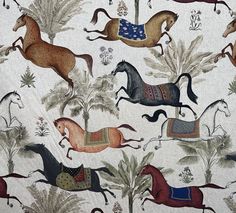 an old wallpaper with horses and palm trees on the side, in various colors