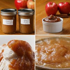 four different pictures with apples and cinnamon butter