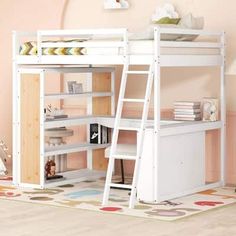 a white bunk bed with a desk underneath it in a room that has pink walls