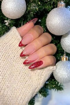 Brown Gingerbread Nails, Red Glitter Tips, Christmas Nails Acrylic Simple, Sparkling Christmas Tree, Glitter Tips, Christmas Tree Red, Sparkling Christmas, Glitter Manicure, Holiday Nail Designs