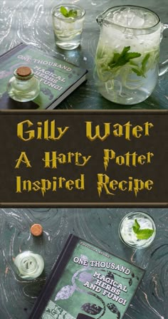 a book sitting on top of a table next to two glasses filled with liquid and green leaves