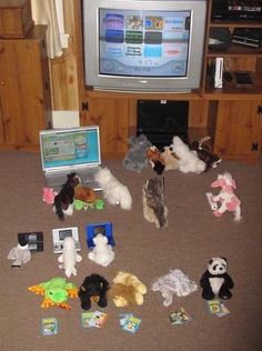 there are many stuffed animals in front of the tv