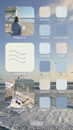 the beach is full of different shades of blue and white, with text overlaying it