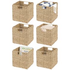 four wicker storage baskets with lids and handles, each holding items in their own bins