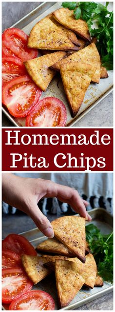 homemade pita chips with tomatoes and lettuce in the middle are ready to be eaten