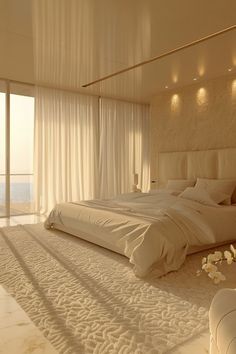 a large white bed sitting in a bedroom next to a window with curtains on it