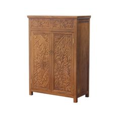 a wooden cabinet with carvings on the doors and drawers is shown against a white background