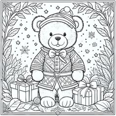 a teddy bear wearing a sweater and bow tie with presents in front of the christmas tree