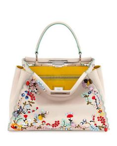 V3FF6 Fendi Peekaboo Large Floral-Embroidered Satchel Bag, Tan Embroidered Satchel, Fendi Peekaboo Medium, Fendi Peekaboo Mini, Fendi Peekaboo Bag, Fendi Purses, Beige Purses, Embellished Bags, Fendi Handbag, Fendi Peekaboo