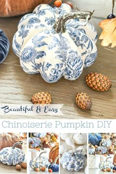 blue and white pumpkins are sitting on a table with the words, beautiful & easy