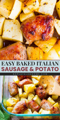 Add this Baked Italian Sausage and Potato to your easy comfort food dinner ideas! This easy meal is tasty, delicious, and gluten-free. Pin this family weeknight dinner recipe! Potatoes And Italian Sausage, Italian Sausage With Potatoes, Meals When Its Hot Out, Italian Pork Sausage Recipes, Sweet Sausage Recipes Dinners, Sausage And Potatoes In Oven, Italian Sausage In Oven