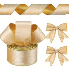 an assortment of ribbons and bows are shown in this image, including one with a bow