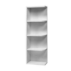 a white book shelf with three shelves on the bottom and one in the middle, against a