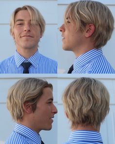 two pictures of a young man with blonde hair wearing a blue striped shirt and tie