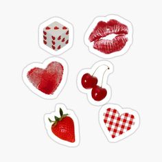 six stickers with hearts, lips, dices and cherries on white background