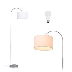 the floor lamp has a white shade on it and is next to a light bulb