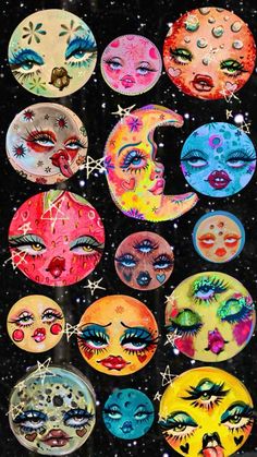 an image of many different faces painted on the moon's surface with stars in the background