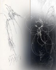 two black and white photographs one with an abstract design, the other with lines drawn on it