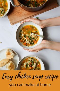 A pair of hands cupping a bowl of chicken soup on a table surrounded by more bowls of soup Easy Chicken Soup Recipe, Best Chicken Soup Recipe, Soup Recipes Healthy, Chicken And Vegetable Soup, Chicken Soup Recipes Homemade, Easy Soup Recipes Healthy, Chicken Soup Recipes Easy, Easy Chicken Soup, Homemade Chicken Soup